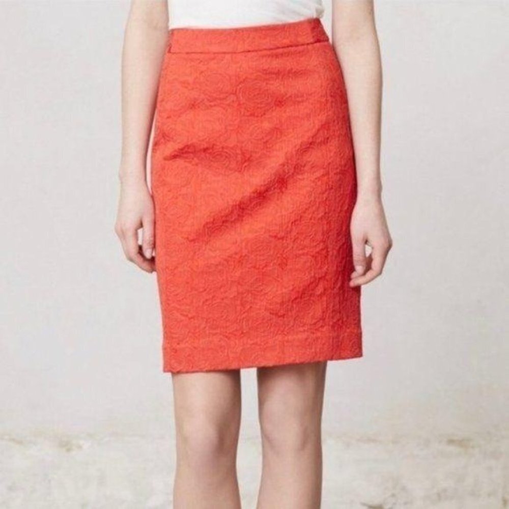 Anthropologie Vanessa Virginia Rose Brocade‎ Red Orange Straight Pencil Skirt 4